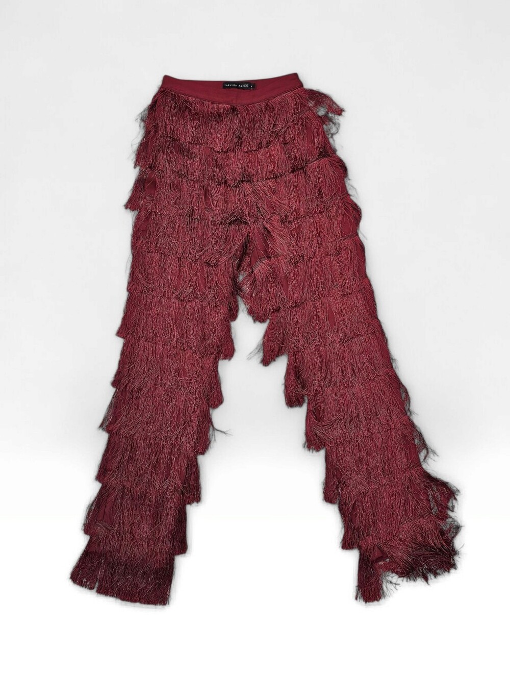 Nwt LAVISH ALICE Fringe Trousers High Waist Straight Leg Pants in Oxblood Red S